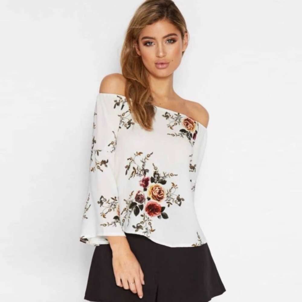 Off Shoulder Bell Sleeve White Floral Blouse - Picture 2 of 5